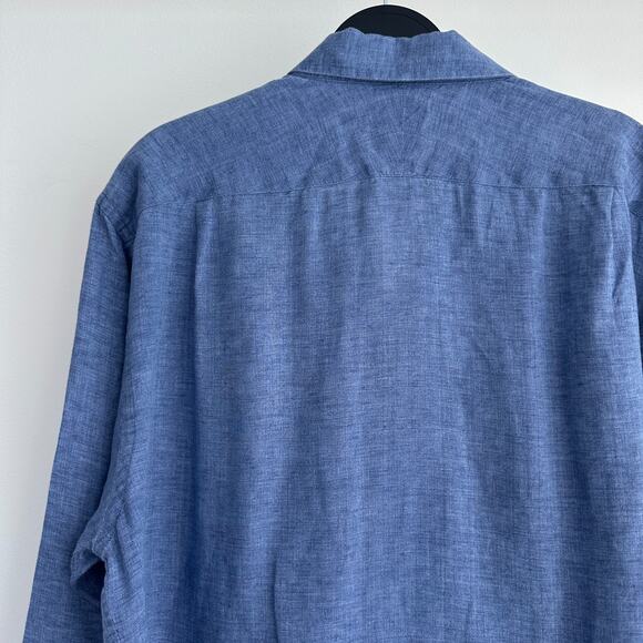 Thomas Pink Shirt Mens 17 1/2 Blue Linen Dress Button Up Long Sleeve 44 1/2 - Picture 6 of 10